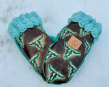 Longhorn Print Mittens with turquoise palms-med