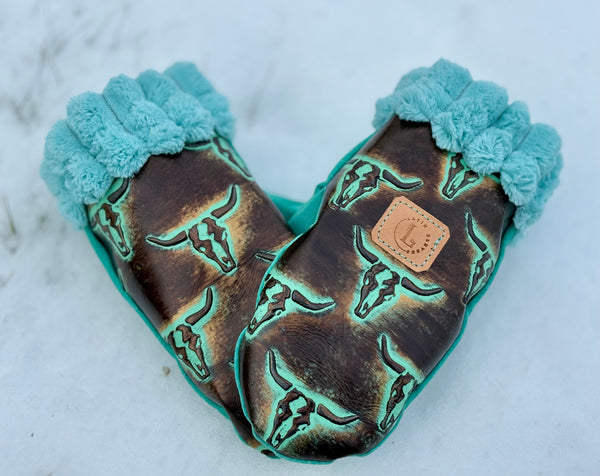 Longhorn Print Mittens with turquoise palms-med