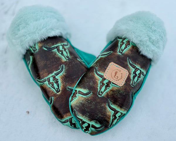 Longhorn Print Mitts with Faux Fur Lining- med
